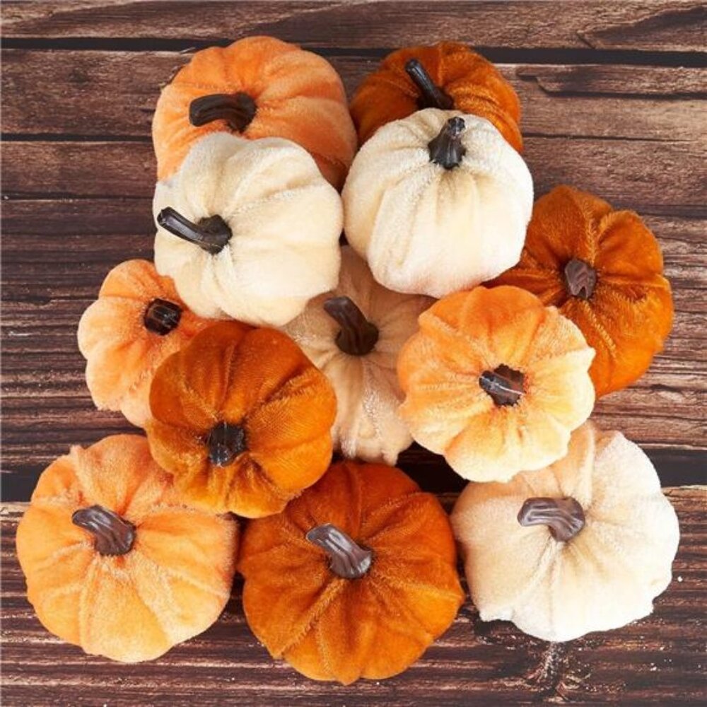 Pumpkin Decor 12pcs Artificial Fake Faux‎ Velvet Foam Fabric Pumpkins Decoration